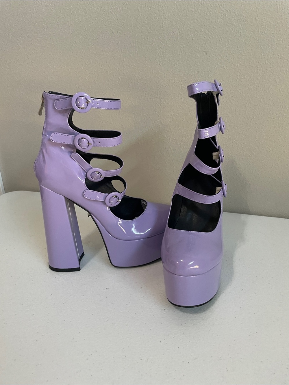 Lavender Patent Platform Heels with Multi-Strap Buckles